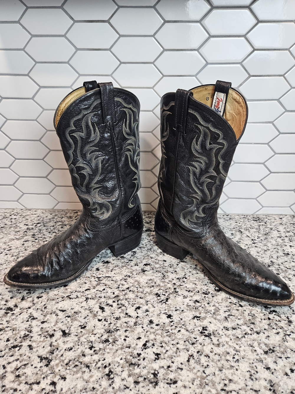 Tony Lama Black Ostrich Cowboy Boots with Embroidered Shaft - Picture 11 of 11